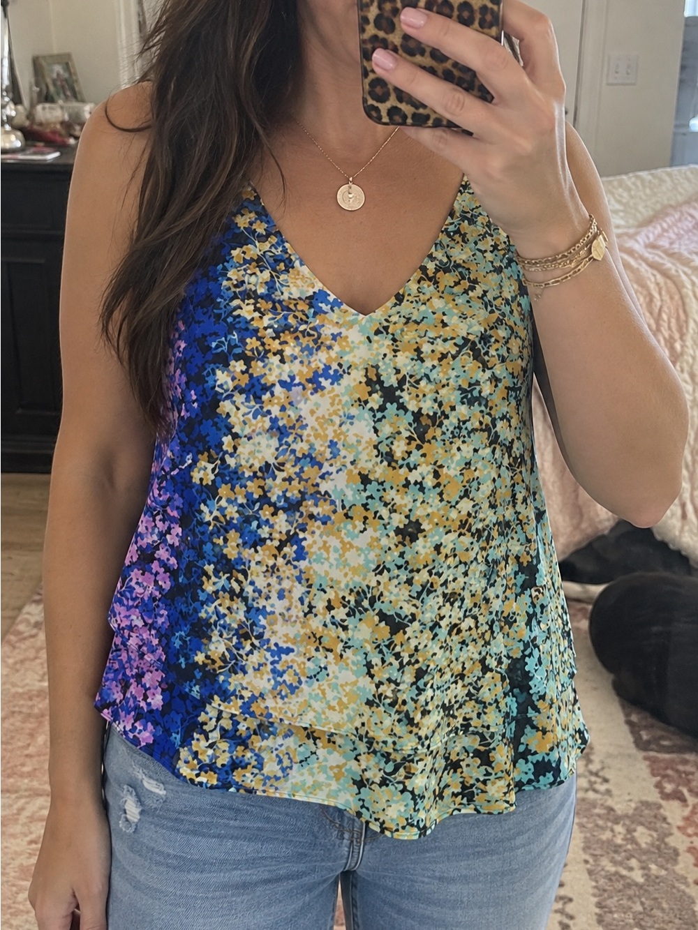 CAbi Multicolor Floral V-Neck Cami - Blue, Teal, Yellow, Purple